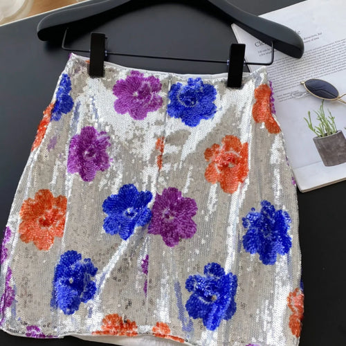 Load image into Gallery viewer, French Women Fashion Floral Sequined Sexy Club Zipper Mini Skirt Vintage High Waist Lady Split Short Skirts Spring Summer Trendy
