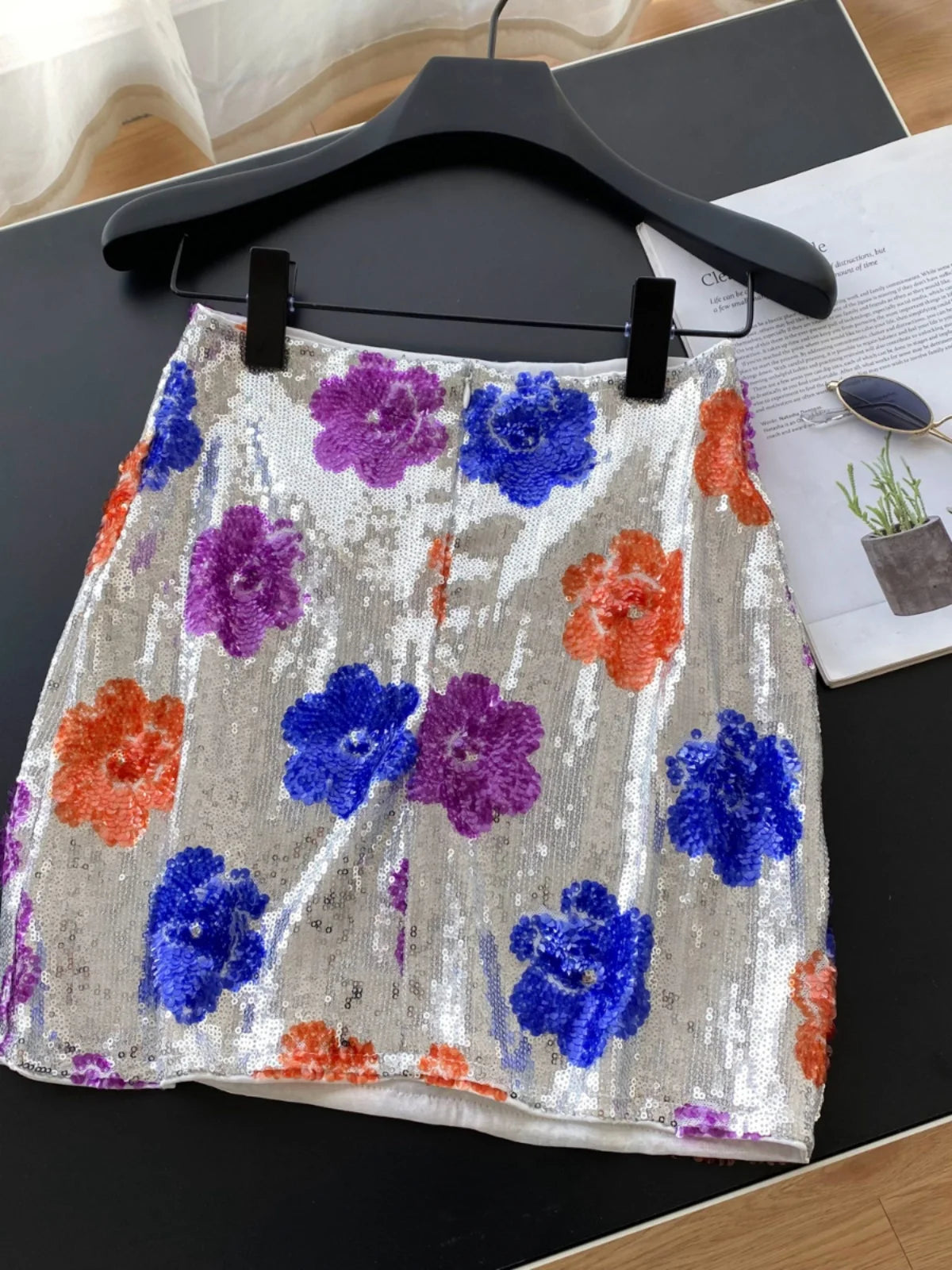 French Women Fashion Floral Sequined Sexy Club Zipper Mini Skirt Vintage High Waist Lady Split Short Skirts Spring Summer Trendy