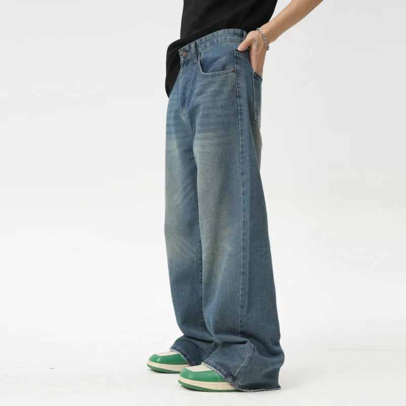 High Street Men's Denim Pants Stylish Casual Pockets Wide Leg Trousers Summer Loose Jeans Male Trend 9C6163