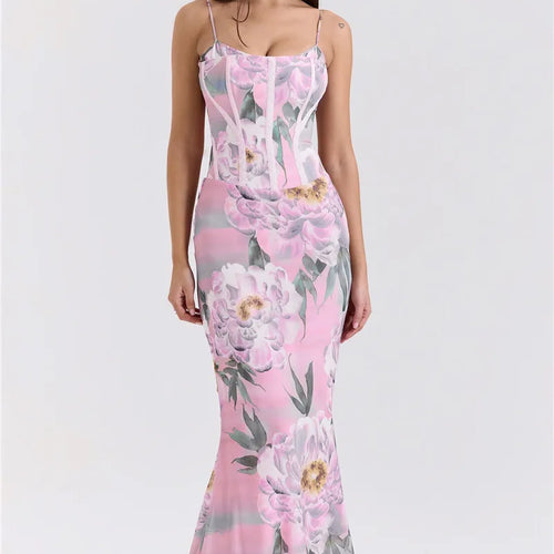 Load image into Gallery viewer, Pink Floral Sexy Maxi Dress Women Gown Spaghetti Strap Sleeveless Backless Elegant Evening Club Party Long Dress
