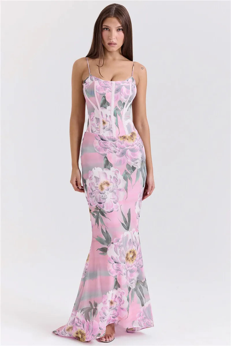 Pink Floral Sexy Maxi Dress Women Gown Spaghetti Strap Sleeveless Backless Elegant Evening Club Party Long Dress