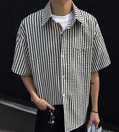 Summer Male Shirts Short Sleeve New Contrast Color Stripes Trendy Men's Loose Turn-down Collar Pullover Men Top 9W1563