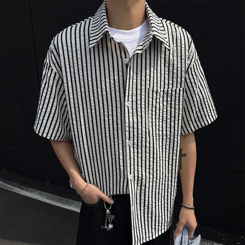Load image into Gallery viewer, Summer Male Shirts Short Sleeve New Contrast Color Stripes Trendy Men's Loose Turn-down Collar Pullover Men Top 9W1563
