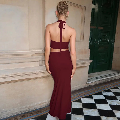 Load image into Gallery viewer, Elegant Summer 2 Piece Sets Women Metal Ring Crop Tops And Maxi Skirt Female Fashion Solid Lace-up Beach Two Piece Sets
