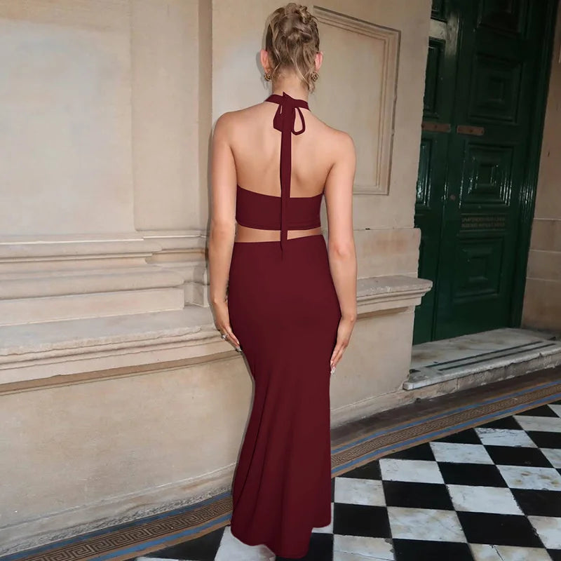 Elegant Summer 2 Piece Sets Women Metal Ring Crop Tops And Maxi Skirt Female Fashion Solid Lace-up Beach Two Piece Sets