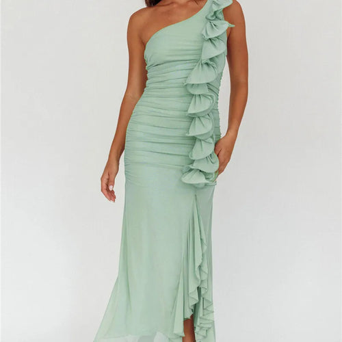 Load image into Gallery viewer, One Shoulder Draped Ruffle Maxi Dress Women Gown Fashion Diagonal Collar Backless Sleeveless Split Long Dress Elegant
