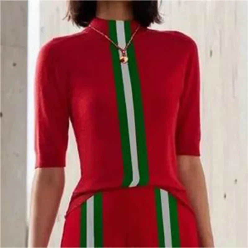 Summer Women Leisure Contrast Color Stripe Skinny T-Shirts Red Half Sleeves Mock Neck Woman Tops Office Lady