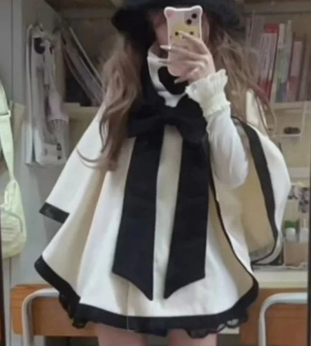 Japanese Cute Bow Lolita Cloak Coats Sweet Kawaii Fashion Y2k Aesthetic Capes High Collar Loose Casual Women Tops Streetwear