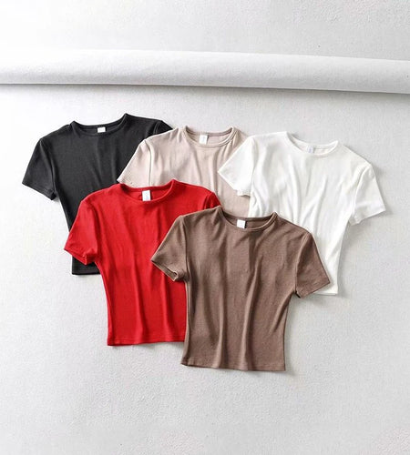 Fashion Casual 2024 Summer Woman Slim Fit t-shirt tight Cotton Short-Sleeve O-neck tee Crop Tops