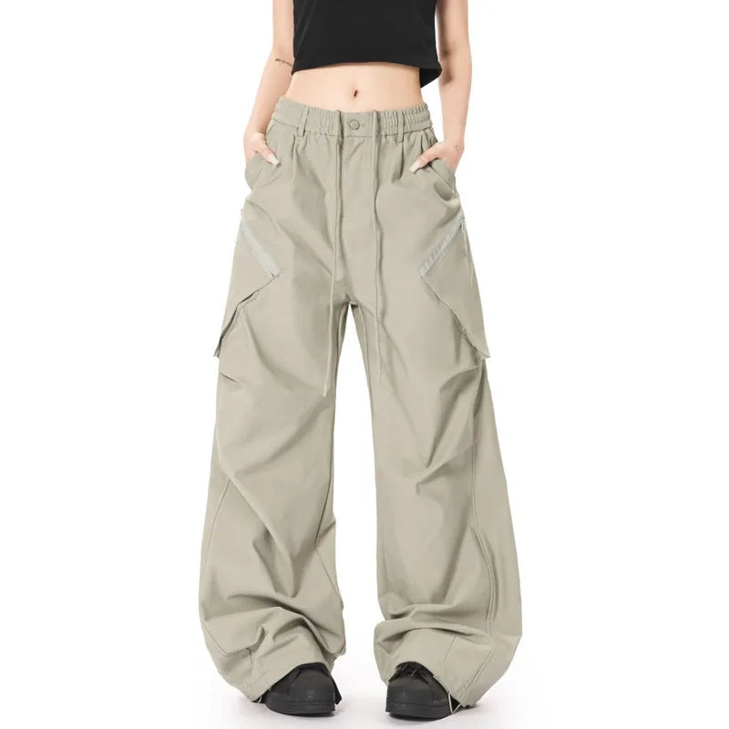 Men's Cargo Pants New American Straight Wide Leg Trendy Multi Pockets Stylish Elastic Waist Male Casual Bottoms 9W1927