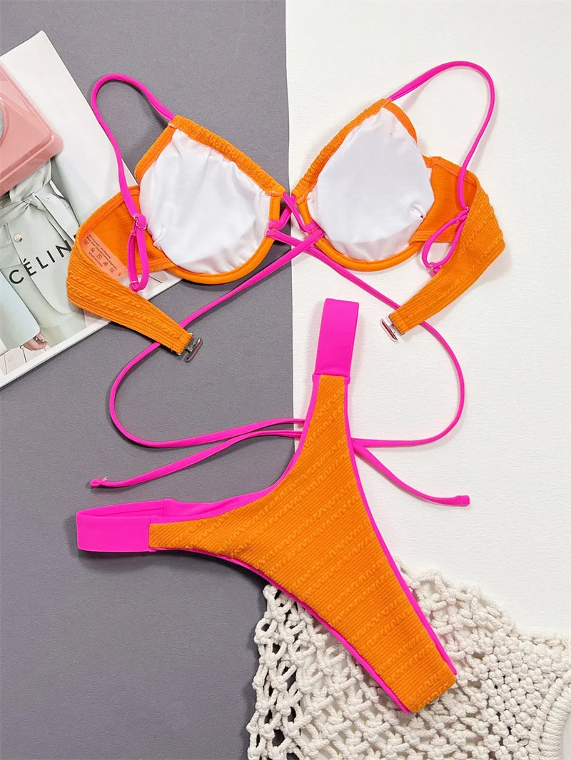 Block Color Underwire Swimwear Around Bandage Bikini Sets 2024 Sexy Women Swimsuit Brazilian Biquini Bathing Suit