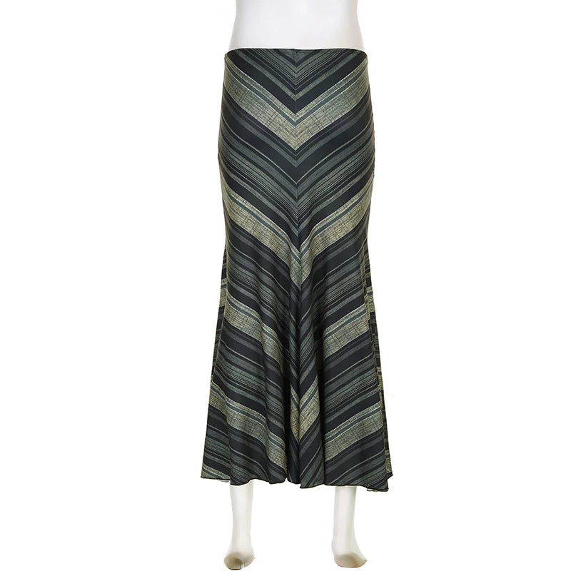 Fairycore Stripe Green Low Waisted Maxi Skirt Autumn Vintage Aesthetic Fashion Female Skirt Long Y2K 2000s Clothing