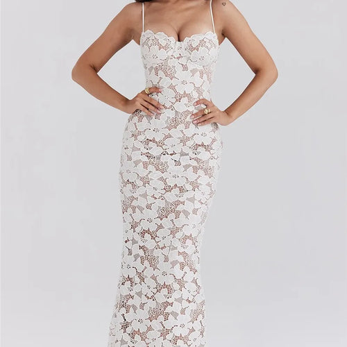 Load image into Gallery viewer, Floral Embroidery Sexy Maxi Dress For Women Fashion Spaghetti Strap Sleeveless Backless Lace-up Club Party Long Dress
