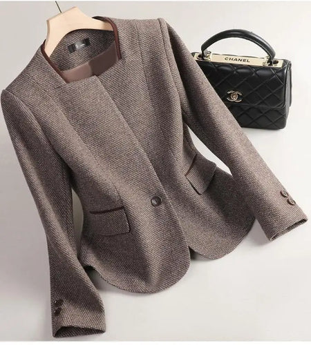 Women Brown Long Sleeve Temperament Slim Woolen Blazer Coat Fashion 2024 New Autumn Winter Ladies Square Neck Button Jacket Chic