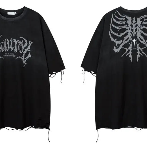 Load image into Gallery viewer, Vintage Oversized T-Shirt Y2K Grunge Skull Graphic Printed Ripped Hole Gradient Tshirt Hip Hop Punk Gothic Casual Streetwear Top
