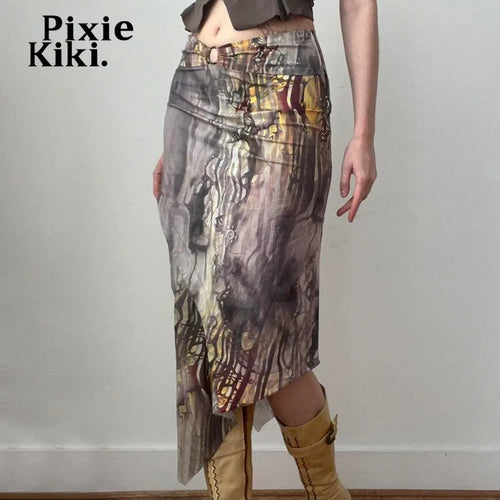 Load image into Gallery viewer, Brown Print Low Waisted Long Skirt Asymmetrical Y2k Trashy Skirts for Woman Vintage Clothes P67-CC30
