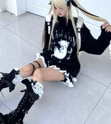 Gothic Cartoon Jacquard Kawaii Sweater Y2K Aesthetic Loose Knitted Pullover Harajuku Grunge Casual Fairy Jumper Pull Femme Tops
