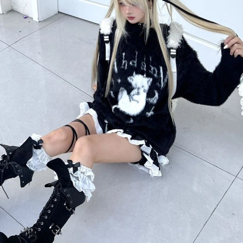 Load image into Gallery viewer, Gothic Cartoon Jacquard Kawaii Sweater Y2K Aesthetic Loose Knitted Pullover Harajuku Grunge Casual Fairy Jumper Pull Femme Tops
