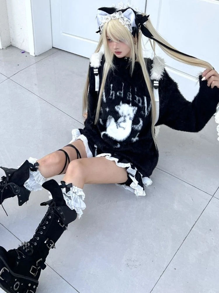 Gothic Cartoon Jacquard Kawaii Sweater Y2K Aesthetic Loose Knitted Pullover Harajuku Grunge Casual Fairy Jumper Pull Femme Tops