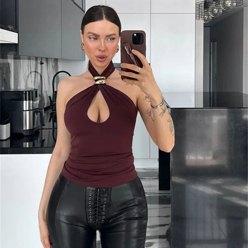 Load image into Gallery viewer, Halter Hollow Out Sexy Crop Tops Pullovers Women Vest Summer New Ring Metal Off-shoulder Tank Tops Female Skinny Top
