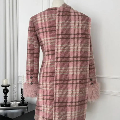 Load image into Gallery viewer, Vintage Winter Pink Plaid Elegant Big Scarf Collar Double Breasted Woolen Coat Women Korean Fashion Elegant Slim Long Jacket New
