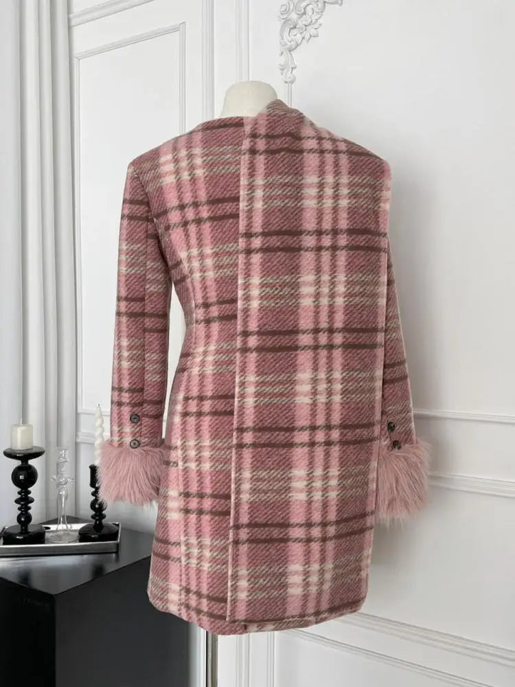 Vintage Winter Pink Plaid Elegant Big Scarf Collar Double Breasted Woolen Coat Women Korean Fashion Elegant Slim Long Jacket New
