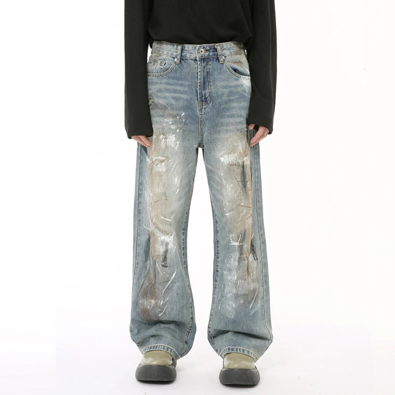 Niche Style Men's Jeans Worn-out Dirty Graffiti Loose Trousers Straight Wide Leg Male Casual Jeans Trend Summer 9C6607