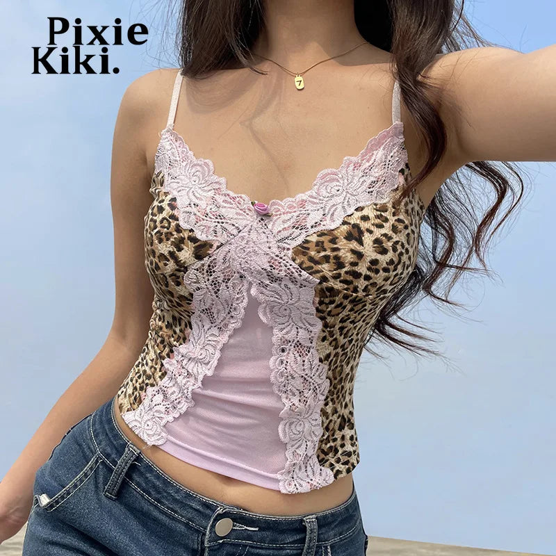 Sexy Leopard Print Lace Trim Crop Tops Aesthetics Y2k 2000s Vintage Clothes Women Tanks & Camis Summer 2024 P67-CZ10