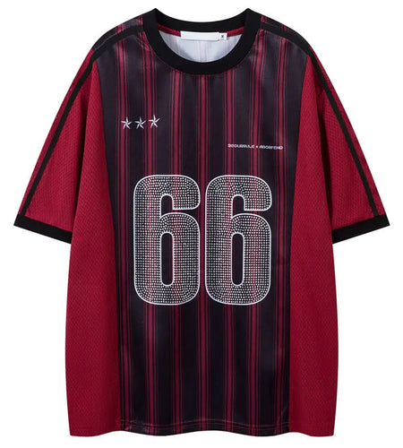 Vintage Mesh Jersey T-Shirt with Rhinestones Graphic Printed Stripe Patchwork Sport Tshirt Streetwear Hip Hop Quick Drying Top