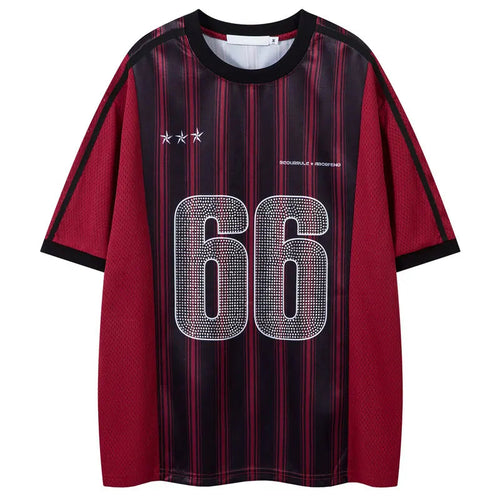 Vintage Mesh Jersey T-Shirt with Rhinestones Graphic Printed Stripe Patchwork Sport Tshirt Streetwear Hip Hop Quick Drying Top