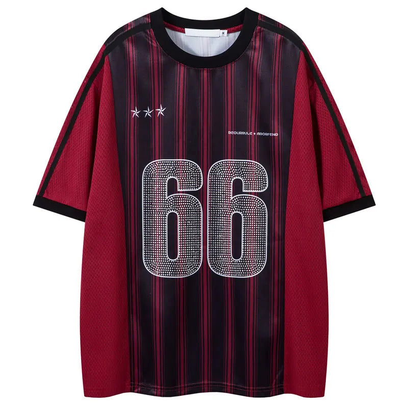 Vintage Mesh Jersey T-Shirt with Rhinestones Graphic Printed Stripe Patchwork Sport Tshirt Streetwear Hip Hop Quick Drying Top