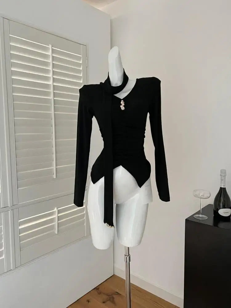 Women Black Beige Festival Pleated T-shirt Casual Grey V Neck Long Sleeve Top Ladies Versatile Clothing Spring Autumn 2025 Trend