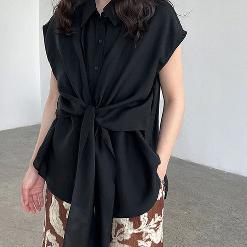 Load image into Gallery viewer, Women Yellow Bandage Thin Big Size Elegant Blouse New Lapel Sleeveless Shirt Fashion Tide Spring Summer 2025 1DJ1300
