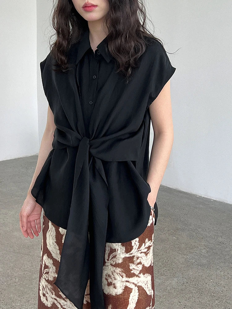 Women Yellow Bandage Thin Big Size Elegant Blouse New Lapel Sleeveless Shirt Fashion Tide Spring Summer 2025 1DJ1300