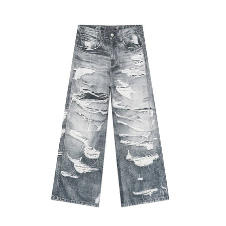 Men's Denim Pants 2024 Summer Fashion Casual Pocket Zipper Male Straight Leg Trousers Retro Style Loose Hole 9C5394