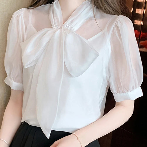 Load image into Gallery viewer, Chiffon Bow Lace-up Women&#39;s Blouse Korean Style Sweet V-neck Solid Color Puff Sleeve Chic Fashion Female Elegant Workwear
