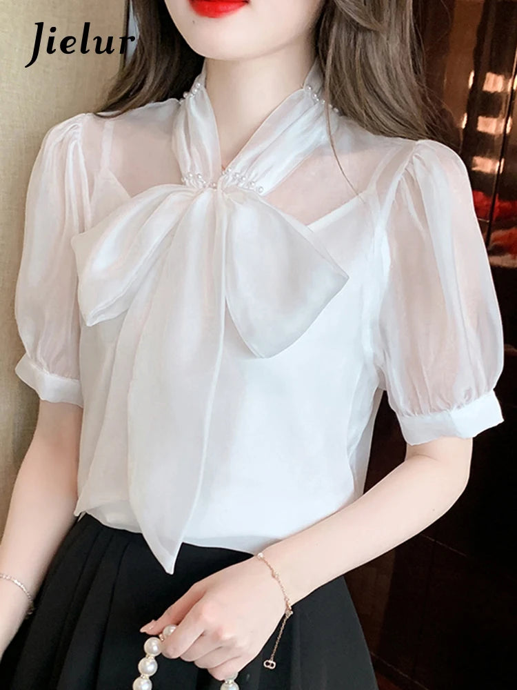 Chiffon Bow Lace-up Women's Blouse Korean Style Sweet V-neck Solid Color Puff Sleeve Chic Fashion Female Elegant Workwear