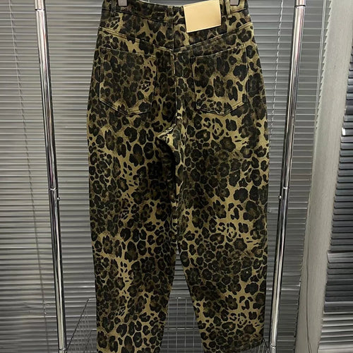 Load image into Gallery viewer, Colorblock Leopard Printing Casual Loose Pants For Women High Waist Spliced Button Streetwear Wide Leg Pant Female

