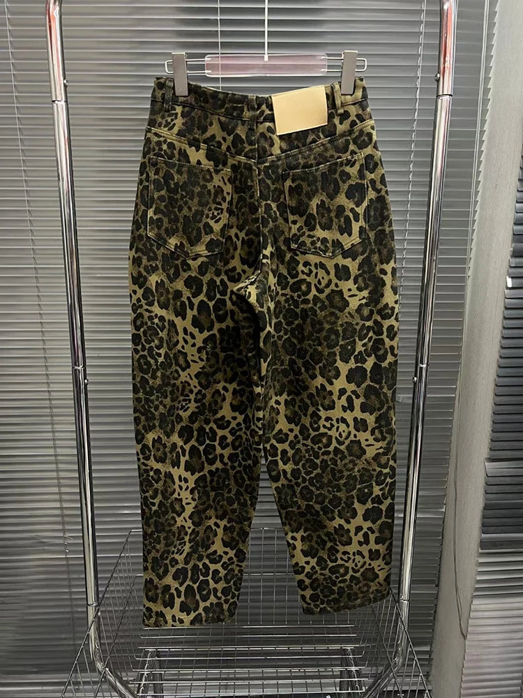 Colorblock Leopard Printing Casual Loose Pants For Women High Waist Spliced Button Streetwear Wide Leg Pant Female