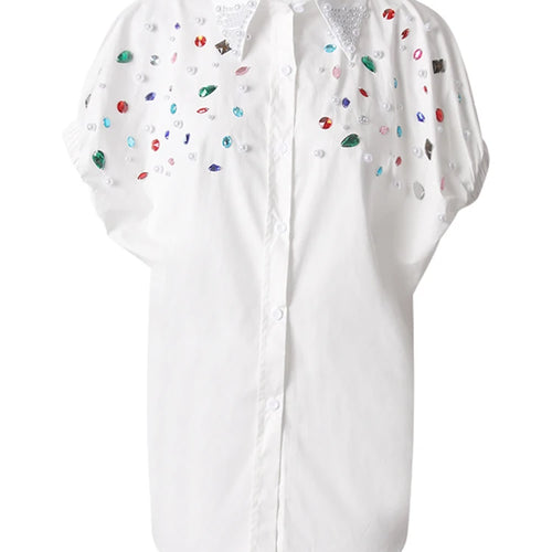 Load image into Gallery viewer, Women Black Colorful Rhinestones Big Size Blouse New Lapel Short Sleeve Shirt Fashion Tide Spring Summer 2025 CPG3228
