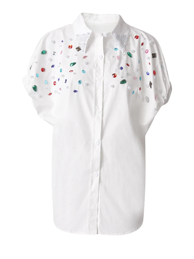 Women Black Colorful Rhinestones Big Size Blouse New Lapel Short Sleeve Shirt Fashion Tide Spring Summer 2025 CPG3228