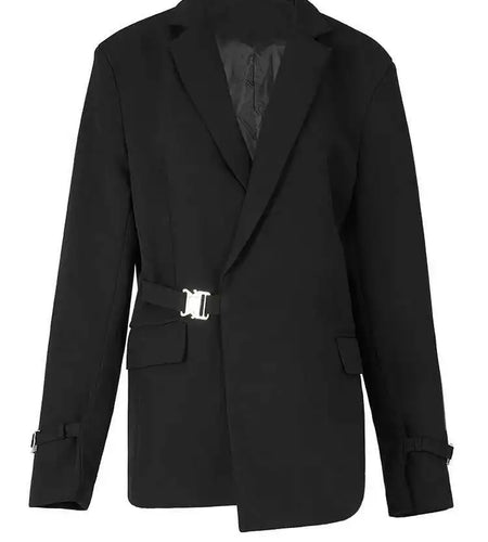 Women Black Metal Buckle Big Size Irregular Blazer New Lapel Long Sleeve Jacket Fashion Tide Spring Autumn 2025 1DF6409