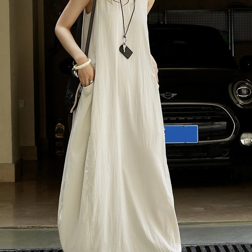 Load image into Gallery viewer, Women Khaki Brief Pocket Casual Long Elegant Bud Dress New Round Neck Sleeveless Fashion Tide Spring Summer 2025 1DJ1330
