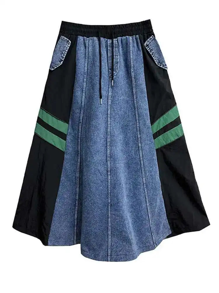 High Elastic Waist Apricot Striped Denim Color-block Half-body Skirt Women Fashion Tide New Spring Autumn 2025  1DH6462