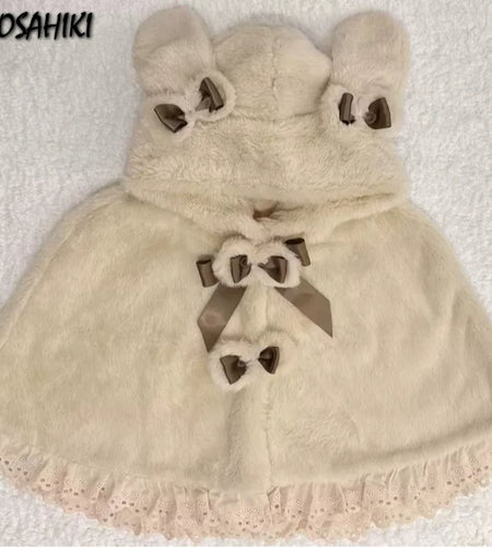 Lolita Kawaii Loose Sweet Hooded Cloak Coats Japanese Grunge Fluffy Bow Jackets Y2k Aesthetic Grunge Lace Patchwork Women Tops