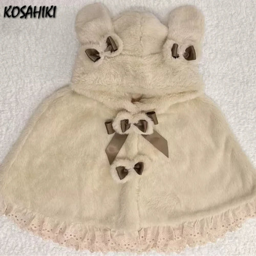 Load image into Gallery viewer, Lolita Kawaii Loose Sweet Hooded Cloak Coats Japanese Grunge Fluffy Bow Jackets Y2k Aesthetic Grunge Lace Patchwork Women Tops
