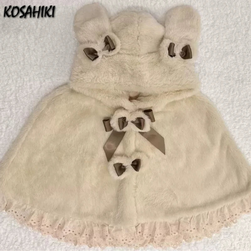 Lolita Kawaii Loose Sweet Hooded Cloak Coats Japanese Grunge Fluffy Bow Jackets Y2k Aesthetic Grunge Lace Patchwork Women Tops