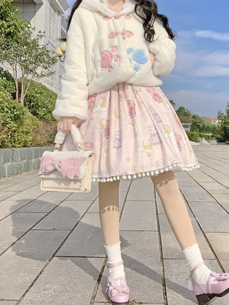 Lolita Fluffy Women Hooded Crop Coat 2025 Y2k Aesthetic Grunge Horn Toggle Button Jacket Rabbit Ear Harajuku Jackets Cute Tops