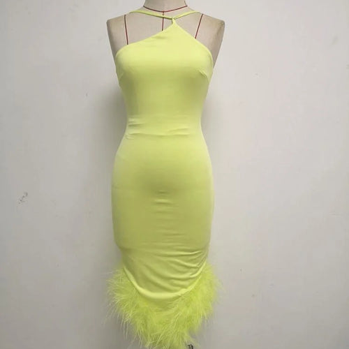 Load image into Gallery viewer, Elegant Spaghetti Strap Feather Midi Dress For Women Robe Fashion Sexy Backless Bodycon Club Party Dress Vestido
