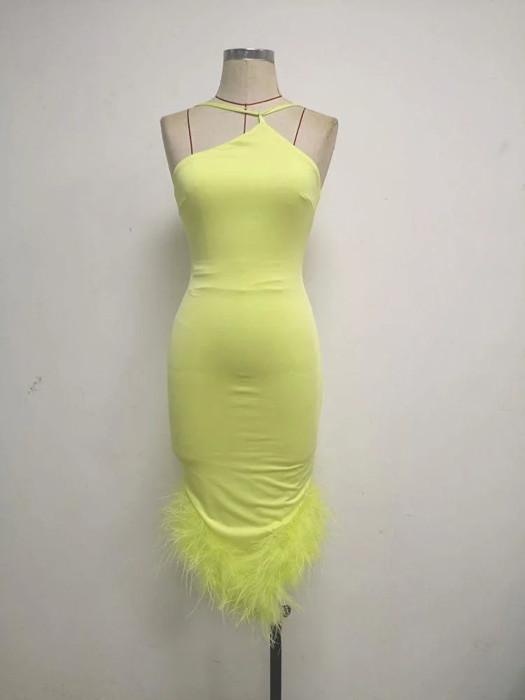 Elegant Spaghetti Strap Feather Midi Dress For Women Robe Fashion Sexy Backless Bodycon Club Party Dress Vestido